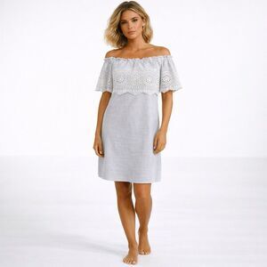 Sundance Catalog Stripe Eyelet Dress Embroidered Small Blue White Off Shoulder